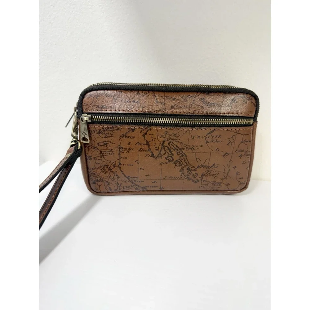 Patricia Nash Viani Leather Wristlet Riot Rust Signature Map